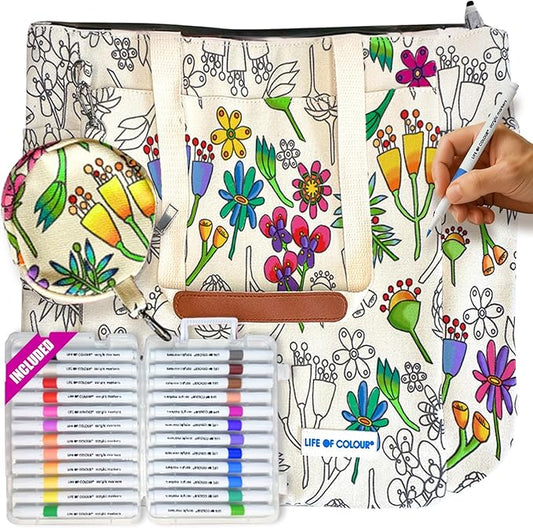 Life of Colour Doodle Bag with Wildflower Patterns – Color Your Own Tote Bag Craft Kits for Adults, Includes Canvas Tote & 24 Acrylic Markers – DIY Painting & Art Kit for Women