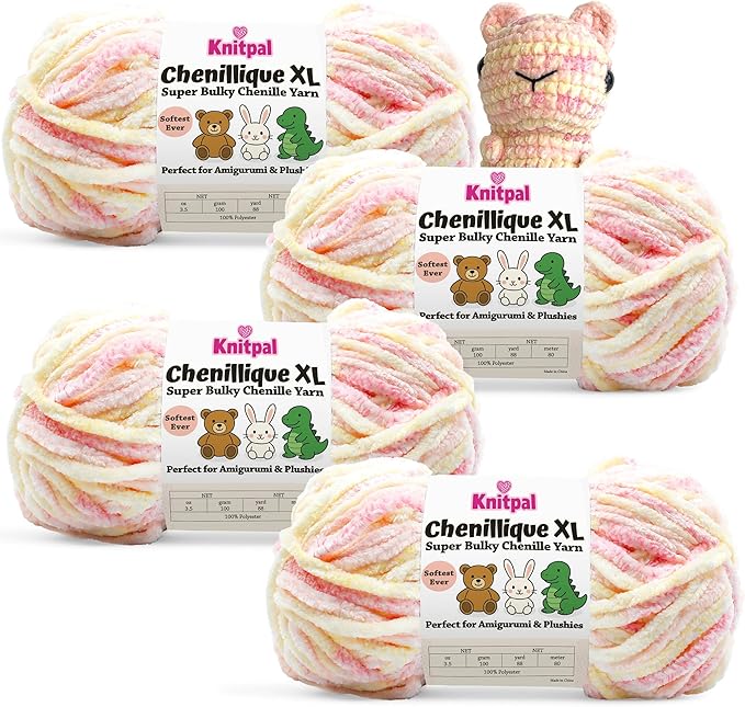 Chenillique XL Plush Chenille Yarn – 4-Pack (352 Yards / 400 g) – Variegated Super Bulky Yarn for Plushies, Blankets, Amigurumi & Accessories - Peach Fizz