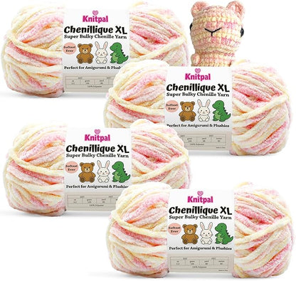 Chenillique XL Plush Chenille Yarn – 4-Pack (352 Yards / 400 g) – Variegated Super Bulky Yarn for Plushies, Blankets, Amigurumi & Accessories - Peach Fizz