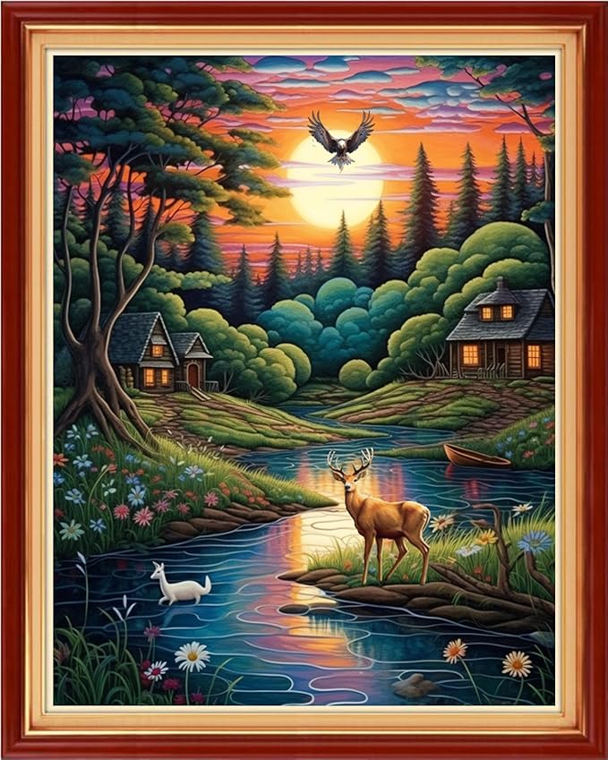 Findvoor Stamped Cross Stitch Kits for Beginner Embroidery Kits for Beginners Adults DIY 11CT Cross Stitch Patterns Needlepoint Kits Crossstitching Kits-Night View of The Creek 16x20 inch