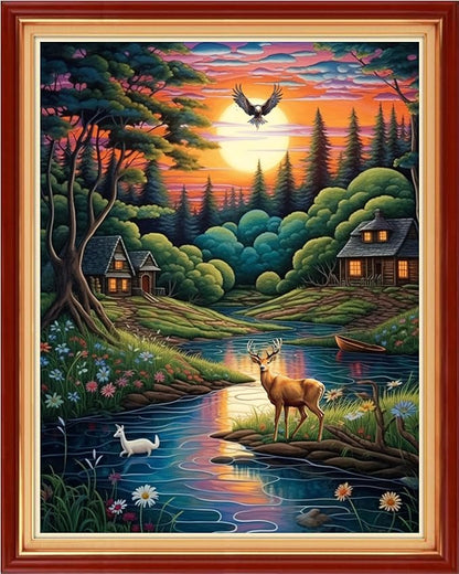 Findvoor Stamped Cross Stitch Kits for Beginner Embroidery Kits for Beginners Adults DIY 11CT Cross Stitch Patterns Needlepoint Kits Crossstitching Kits-Night View of The Creek 16x20 inch
