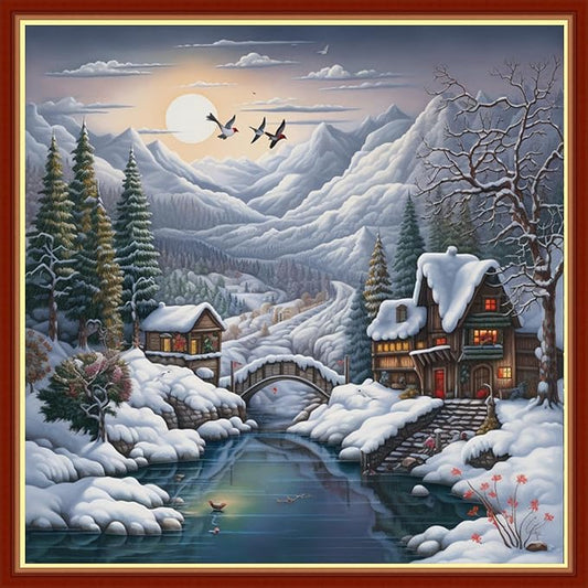 Findvoor Stamped Cross Stitch Kits for Beginners Full Range of Cross Stitching Embroidery Pattern for Adults, 11CT DIY Needlepoint Embroidery Starter Kits-Winter snowscape 17.7x17.7 inch