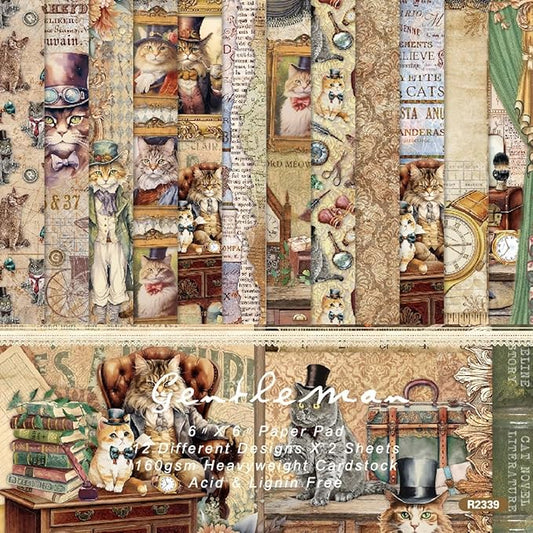DESEACO 24 Sheets Vintage Cat Scrapbooking Paper Pad 6x6, Decorative Single-Side Craft Paper for Adult Journaling, Card Making, Collage & DIY Scrapbook Projects