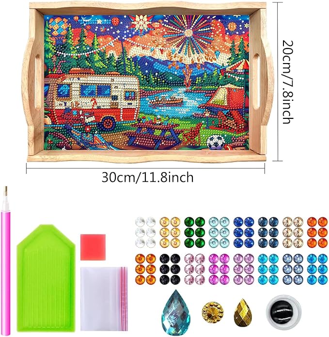 DOTSOPS 5D Diamond Art Kits for Adults Wooden Serving Tray with Handle Special Diamond Painting Plate Big Gem Dots Paint by Numbers Crafts Kits for Living Room Carnival 7.8x11.8 Inches