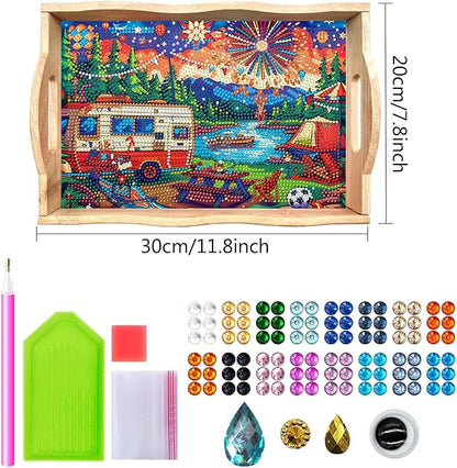 DOTSOPS 5D Diamond Art Kits for Adults Wooden Serving Tray with Handle Special Diamond Painting Plate Big Gem Dots Paint by Numbers Crafts Kits for Living Room Carnival 7.8x11.8 Inches