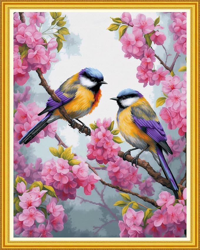 DMCVIVR Stamped Cross Stitch Kits for Beginners Adults Needlepoint Kits for Beginners Embroidery Kits for Adults Crossstitch Kit for Beginners 11CT-Pink Flower Bird 16x20 inch