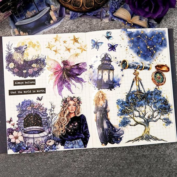 AuriicLeaf Fantasy Night Dream PET Stickers Set, 180Pcs Mystical Celestial Stickers for Journaling, Scrapbooking, DIY Crafts, Planners, and Collage Art