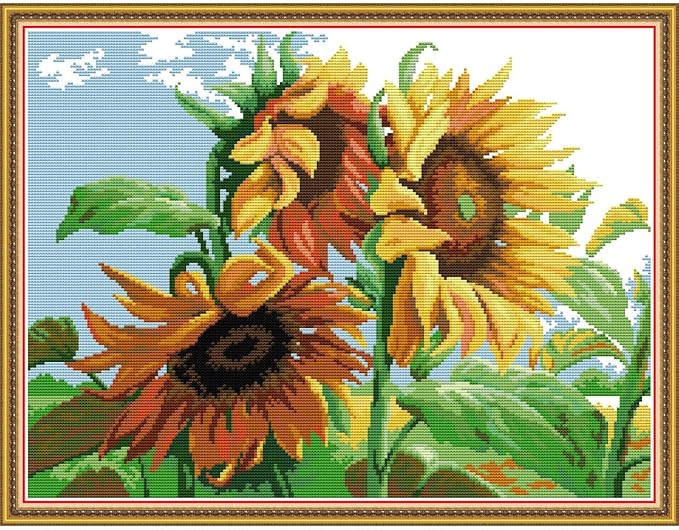 Printed Cross Stitch Kits 11CT 24X19 inch 100% Cotton Holiday Gift DIY Embroidery Starter Kits Easy Patterns Embroidery for Girls Crafts DMC Stamped Cross-Stitch Supplies Needlework Sunflower