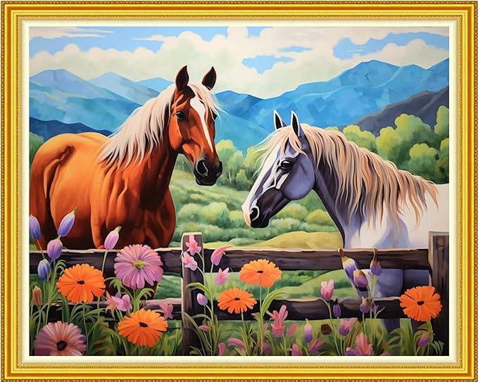 DMCVIVR Stamped Cross Stitch Kits for Beginners Adults Needlepoint Kits for Beginners Embroidery Kits for Adults Crossstitch Kit for Beginners 11CT-Horse Flower 16x20 inch