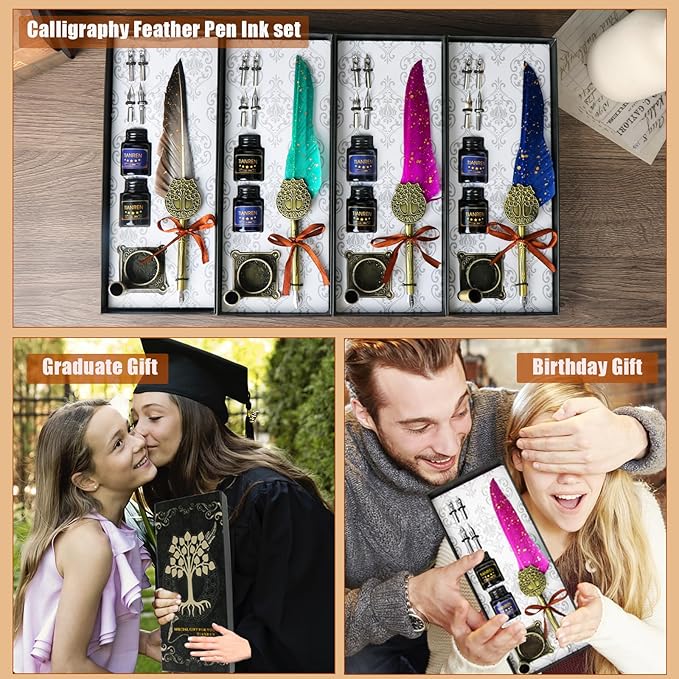 TIANREN Feather Pen and Ink Set,quill pen ink set,Antique Calligraphy Pen with 4 Replaceable Nibs,2 Bottle of ink,Pen Holder Christmas Gift for Men&Women.(Purple)
