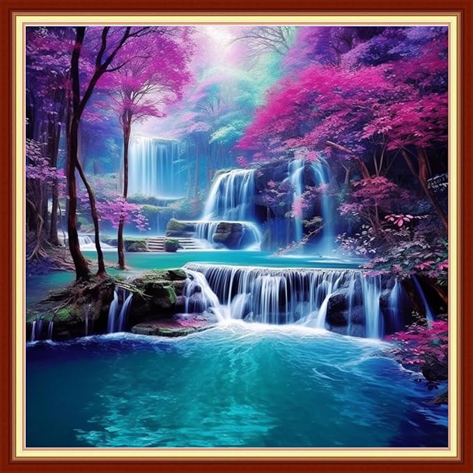 DMCVIVR Stamped Cross Stitch Kits for Beginners Adults Needlepoint Kits for Beginners Embroidery Kits for Adults Crossstitch Kit for Beginners 11CT-Waterfall Scenery 18x18 inchs