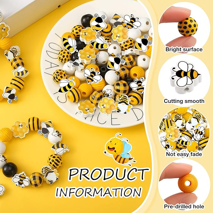 200 Pieces Bee Wood Beads Colorful Painted Spring Loose Decorative Craft Kits Polished Bee Wood Round Rustic Beads with Rope for DIY Garland Making Party Decor