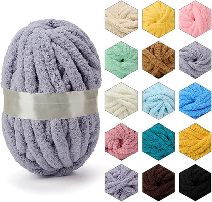 ERLYEEN Chenille Chunky Yarn Super Bulky Soft Thick Fluffy Jumbo Giant Washable Polyester Big Yarn DIY for Arm Knit Blanket Cushion Bed Sofa Home Decor,Light Grey,1.1LB