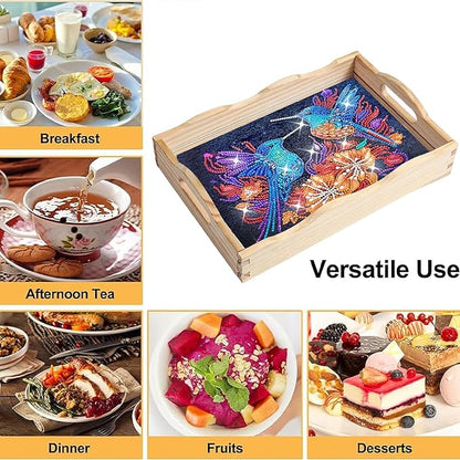 DIY Diamond Art Wooden Tray Kit With Handle, Food Tray for Breakfast, Bar Dinner Table Decoration, Diamond Dots Gem Painting Art Set for Beginners-#23-Hummingbird