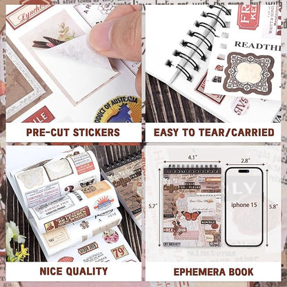 RISYPISY Pre-Cut Vintage Sticker Book for Scrapbooking - 622PCS Journaling Dark Academia Washi Stickers, Ephemera for Junk Journal Supplies 50 Sheets Orange Sticker for Journaling