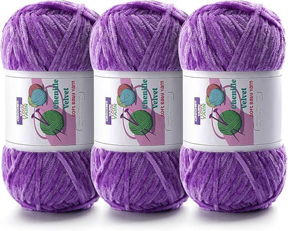 3 Skeins Soft Fluffy Velvet Yarn, Chenille Chunky Yarn for Hand Knitting and Crocheting DIY Craft, Amigurumi Crochet Yarn（3×196.8yds, 3×3.5oz） (Purple)