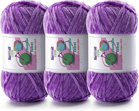 3 Skeins Soft Fluffy Velvet Yarn, Chenille Chunky Yarn for Hand Knitting and Crocheting DIY Craft, Amigurumi Crochet Yarn（3×196.8yds, 3×3.5oz） (Purple)