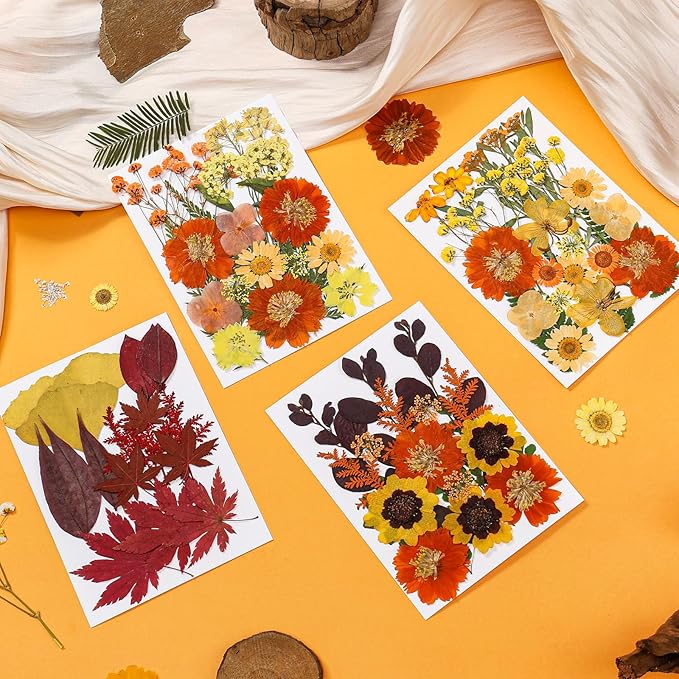 85Pcs Fall Dried Flowers for Crafts, Natural Pressed Flowers for Crafts Real Dried Pressed Flowers Dry Leaves in Orange & Yellow for Resin, DIY Art, Scrapbook, Jewelry, Candle & Soap Making w/ Tweezer