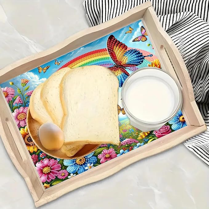 DoxQcs DIY Diamond Art Wooden Tray Kit Easter Food Tray with Handle Diamond Painted Table Decoration Tray for Breakfast Bar Dinner Table Diamond Art Painting for Beginners-#07-Rainbow Butterfly Bush