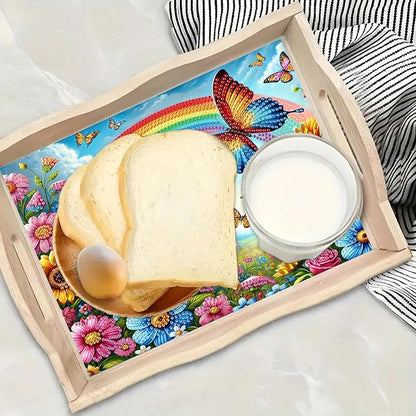 DoxQcs DIY Diamond Art Wooden Tray Kit Easter Food Tray with Handle Diamond Painted Table Decoration Tray for Breakfast Bar Dinner Table Diamond Art Painting for Beginners-#07-Rainbow Butterfly Bush