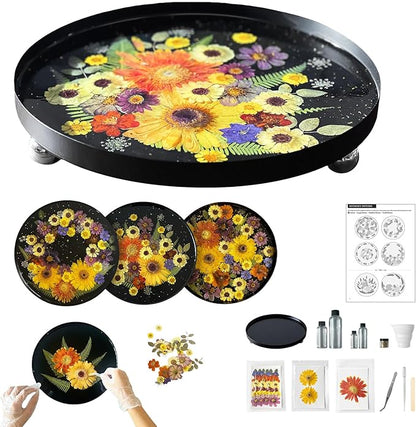 GooCare DIY Decorative Tray Craft Kit for Adult - Create Your Own Real Flower Tray with Epoxy Resin, Metal Tray for Vanity, Perfume, Key, Trinket Organizer, Table Decor (Black, Pro)