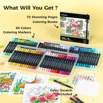 Ohuhu Markers Brush Tip 80-colors with 72-sheet Coloring Book - Double Tipped Markers for Adults Coloring Books - Art Marker Set Bundles with 100% Bleed-proof Pages - Fine & Brush Dual Tips