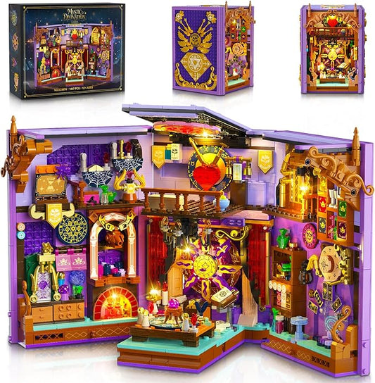 INSOON Upgraded Mystic Divination Book Nook Building Set with Rechargeable Lights, 1447 PCS DIY Magic Booknook Building Block Kit Home Decor, Miniature Book House Model Gift for Adults Boys Girls 12+