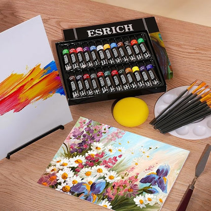 ESRICH 40PCS Acrylic Paint Set, Art Painting Supplies Kit with 24 Paints, 2 Canvas Panels,10 Brushes, Table Metal Easel Etc, Premium Paint Set for Students, Artists and Beginner