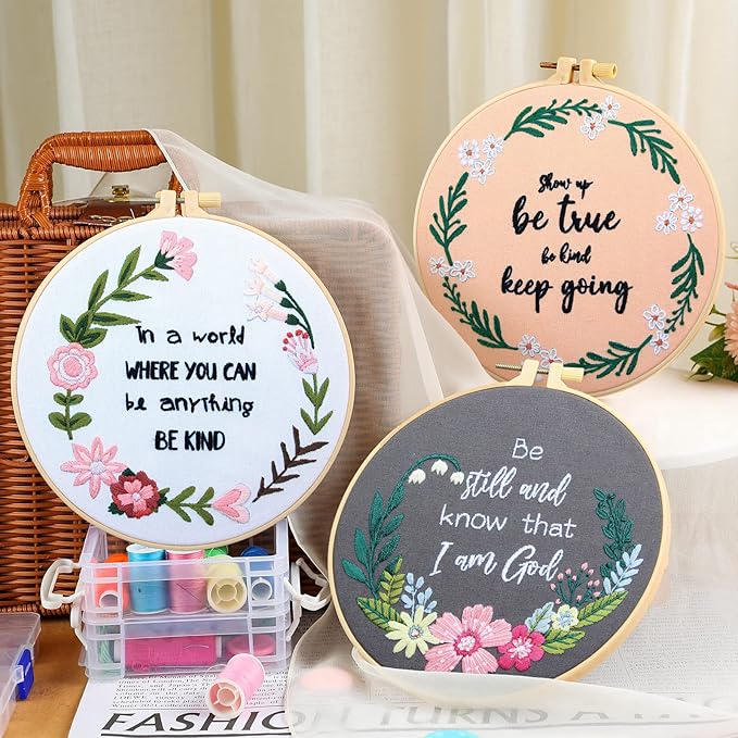 Crowye 5 Sets Inspired Quote Embroidery Kit for Beginner Adult Motivational Embroidery Starter Set Floral Cross Stamped Needlepoint Kit Hoops Thread Needles for Adults Craft Lover