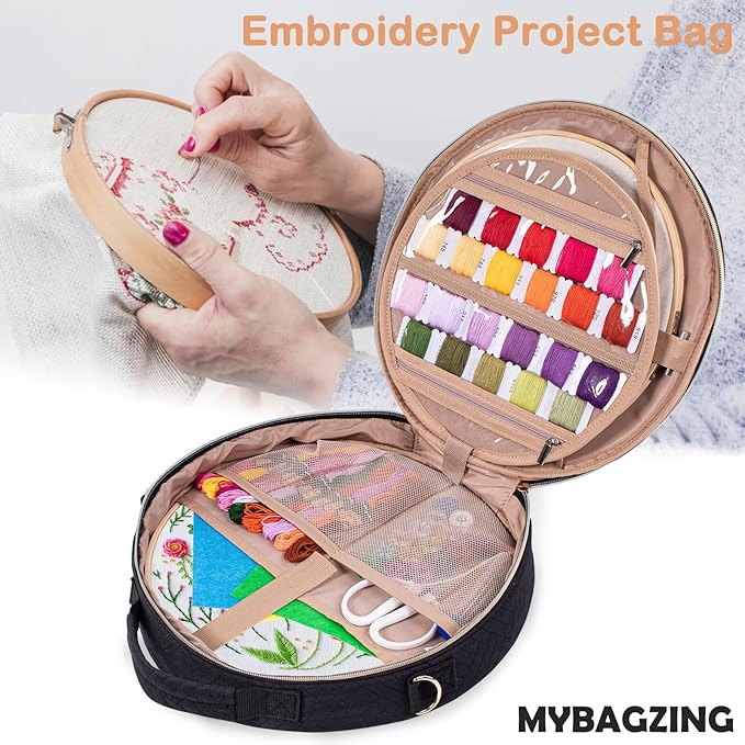 | Round Embroidery Bag(Empty) - Embroidery Storage Bag -Cross Stitch Supplies Organizer with Multiple Pockets for Embroidery Kits, Cross Stitch Suppliers, Embroidery Floss (Bag Only)