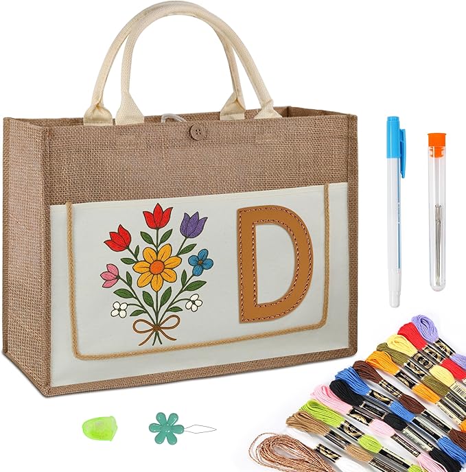 DIY Personalized Canvas Tote Bag with Embroidery Kit, Sturdy Jute Craft Bag with Front Pocket & Water-Resistant Lining, Customizable Gift Tote for Women, Everyday Use, Beach, Work, Groceries (D)