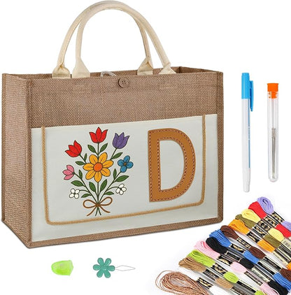 DIY Personalized Canvas Tote Bag with Embroidery Kit, Sturdy Jute Craft Bag with Front Pocket & Water-Resistant Lining, Customizable Gift Tote for Women, Everyday Use, Beach, Work, Groceries (D)