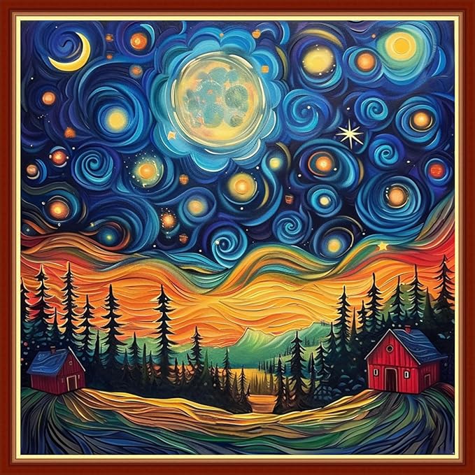 Findvoor Stamped Cross Stitch Kits for Beginner Embroidery Kits for Beginners Adults DIY 11CT Cross Stitch Patterns Needlepoint Kits Crossstitching Kits-Van Gogh Starry Sky 18x18 inch