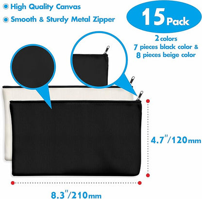 15 Pack Blank Cotton Canvas DIY Craft Zipper Bags Pouches Pencil Case for Makeup Cosmetic Toiletry Stationary Storage