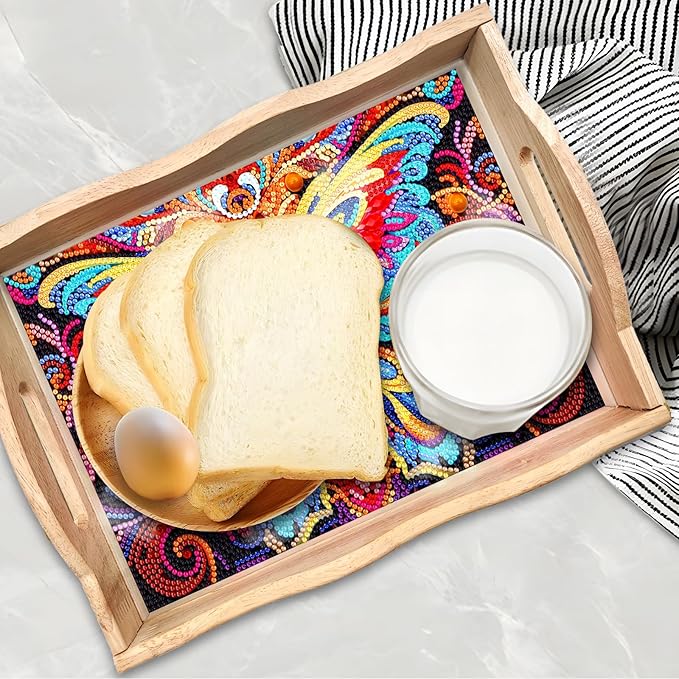 Generic FGbaby DIY 5D Colorful Butterfly Diamond Painting Wood Serving Tray with Handles Diamond Art Decorative Serving Trays Wooden Tray for Breakfast in Bed, Patio, BBQ, Coffee Table, Party