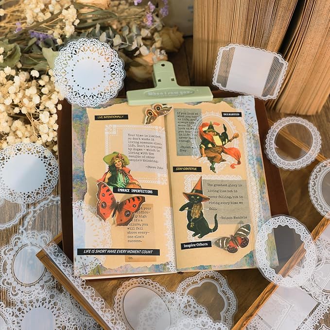 PRSTINCOL 120 PCs Lace Scrapbook Stickers,Waterproof Cutout Transparent Sticker PET Transparent Lace Stickers for Scrapbooking DIY Decoration Making Notebook Frame Album Handmade