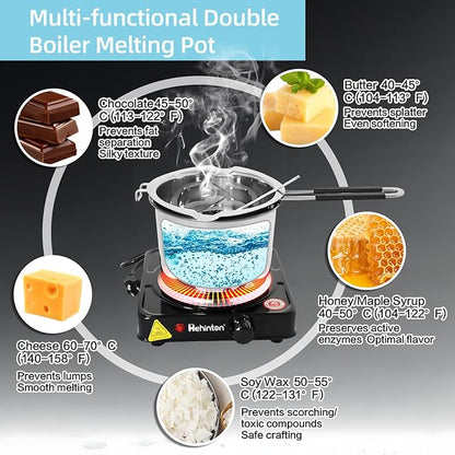 Professional Double Boiler Pot 1200ML/40.6OZ, 304 Stainless Steel Chocolate Melting Pot with 1000W Electric Hot Plate, Multi-Functions Warming Melting Pots for Wax Soap Base Candy Cheese Butter