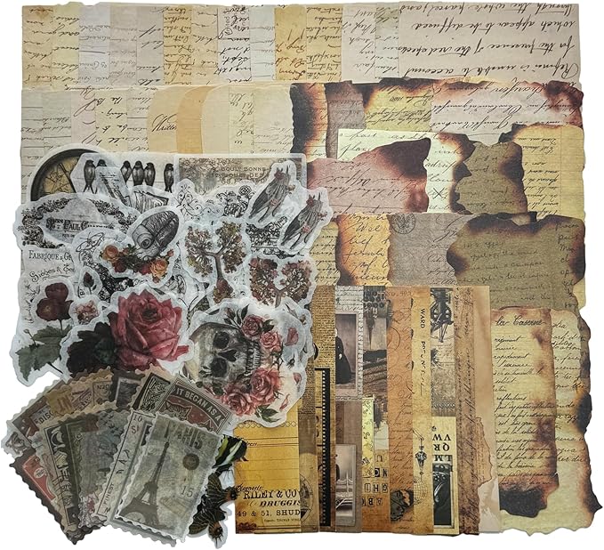 Vintage Aesthetic Scrapbook Supplies Kit with Scrapbook Paper, Stickers, Bookmarks for Scrapbooking, DIY Albums, Junk Journals, Bullet Journals, Dark Academia Aesthetic Decor (Dark2 129 Pcs)