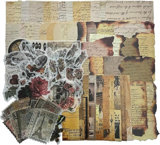 Vintage Aesthetic Scrapbook Supplies Kit with Scrapbook Paper, Stickers, Bookmarks for Scrapbooking, DIY Albums, Junk Journals, Bullet Journals, Dark Academia Aesthetic Decor (Dark2 129 Pcs)