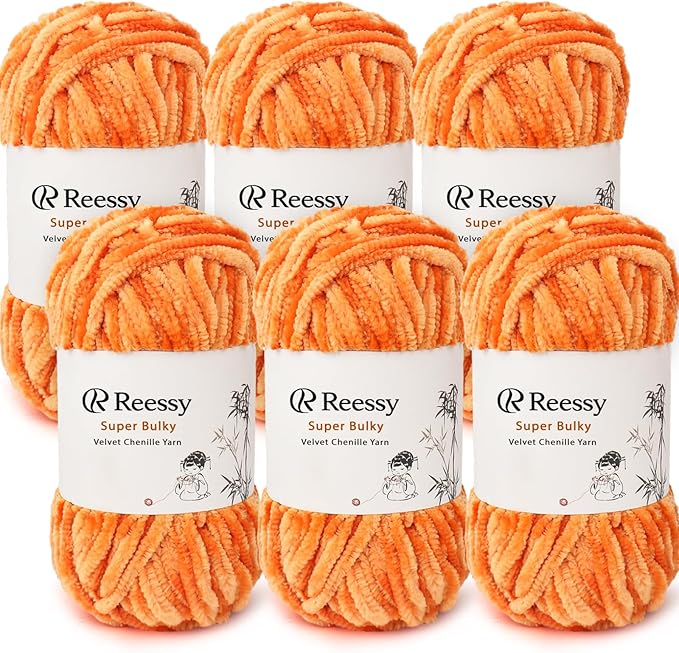 Velvet Chenille Yarn Pack – 6 Skeins × 100g Super Bulky (CYC #6) – Soft Velvet Chunky for Crocheting & Knitting, Fluffy Chenille Yarn for Blankets, Scarves & Crafts (Orange)
