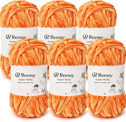 Velvet Chenille Yarn Pack – 6 Skeins × 100g Super Bulky (CYC #6) – Soft Velvet Chunky for Crocheting & Knitting, Fluffy Chenille Yarn for Blankets, Scarves & Crafts (Orange)