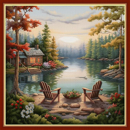 Findvoor Stamped Cross Stitch Kits for Beginners Full Range of Cross Stitching Embroidery Pattern for Adults, 11CT DIY Needlepoint Embroidery Starter Kits-Rest Lake 17.7x17.7 inch