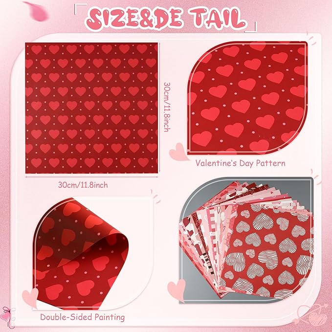 Fainne 40 Sheet 12 x 12 Inch Valentine‘S Day Scrapbook Paper Double Sided Scrapbook Specialty Paper Pink Red Heart Love Printed for DIY Handmade Crafting Home Party Decor Card Making