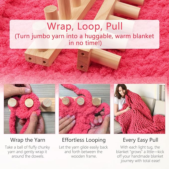 MLLNFUE 55” Chunky Blanket Loom Kit for DIY No-Needle Hand Knitting Adjustable Wooden Loom Frame Beginner Friendly Yarn Craft for Home Decor & Large Throw Blankets