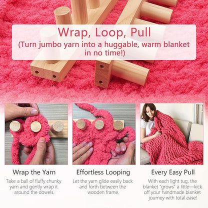 MLLNFUE 55” Chunky Blanket Loom Kit for DIY No-Needle Hand Knitting Adjustable Wooden Loom Frame Beginner Friendly Yarn Craft for Home Decor & Large Throw Blankets
