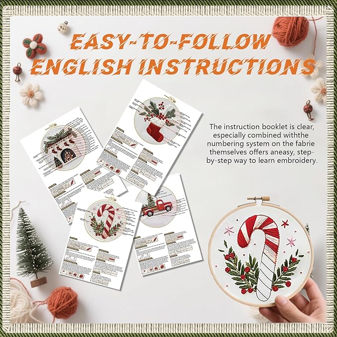 WKALXJ 4 Sets Christmas Embroidery Kits for Adults, Embroidery Kit for Beginners, Christmas Cross Stitch Kits for Beginners with Pattern, Needles, Threads, Tools (Candy Cane+Fireplace+Stocking+Truck)