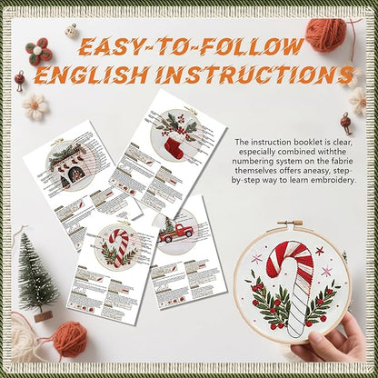 WKALXJ 4 Sets Christmas Embroidery Kits for Adults, Embroidery Kit for Beginners, Christmas Cross Stitch Kits for Beginners with Pattern, Needles, Threads, Tools (Candy Cane+Fireplace+Stocking+Truck)