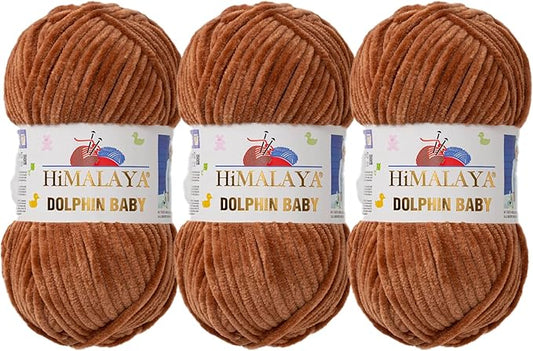 3 Skein/Pack Himalaya Dolphin Baby Chenille Yarn, Each Ball 100 gr (3.5 oz), 120 m (132 Yards), 100% Polyester, Super Bulky Baby Blanket Velvet Amigurumi Yarn, 80337 - Brown