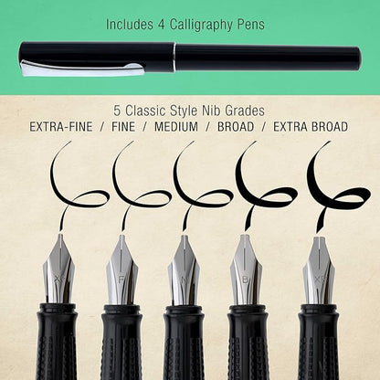 U.S. Art Supply 35-Piece Calligraphy Pen Set - 4 Pens, 5 Nibs, 22 Inks, Includes Calligraphy Pens for Writing, Beginners Handbook & Practice Paper Pad