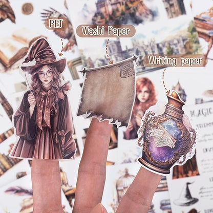 Pre-Cut Magic Sticker Book for Junk Journal, 20 Sheets Wizard Sticker Vintage Ephemera PET Washi Paper Materials for Scrapbooking, Journaling, Collage